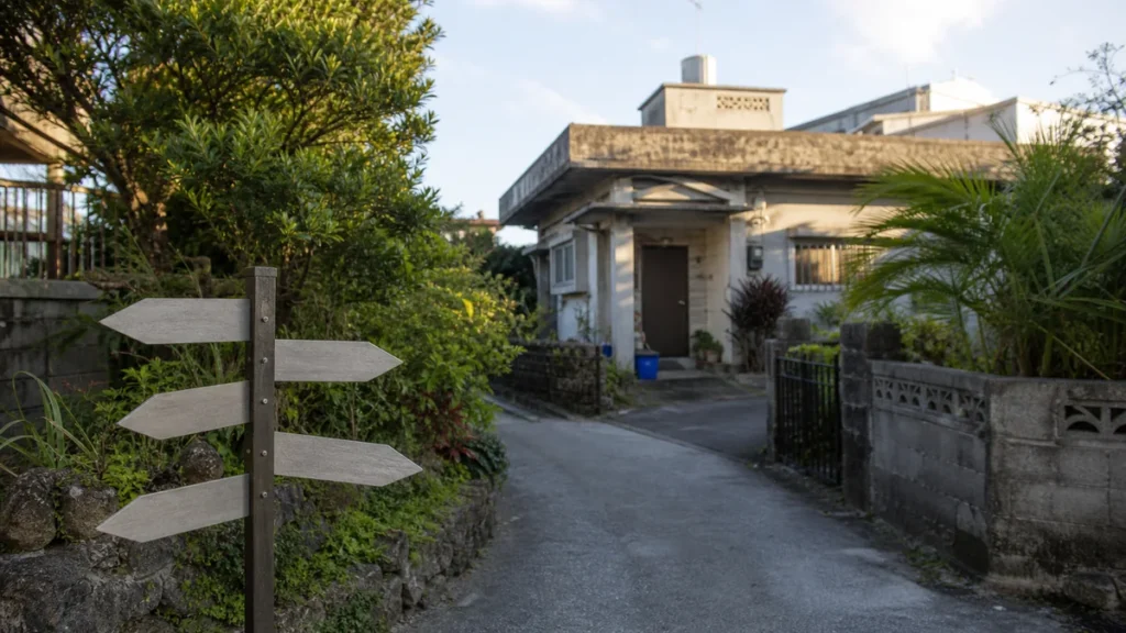 沖縄の古いRC住宅と複数の売却ルートを示す標識