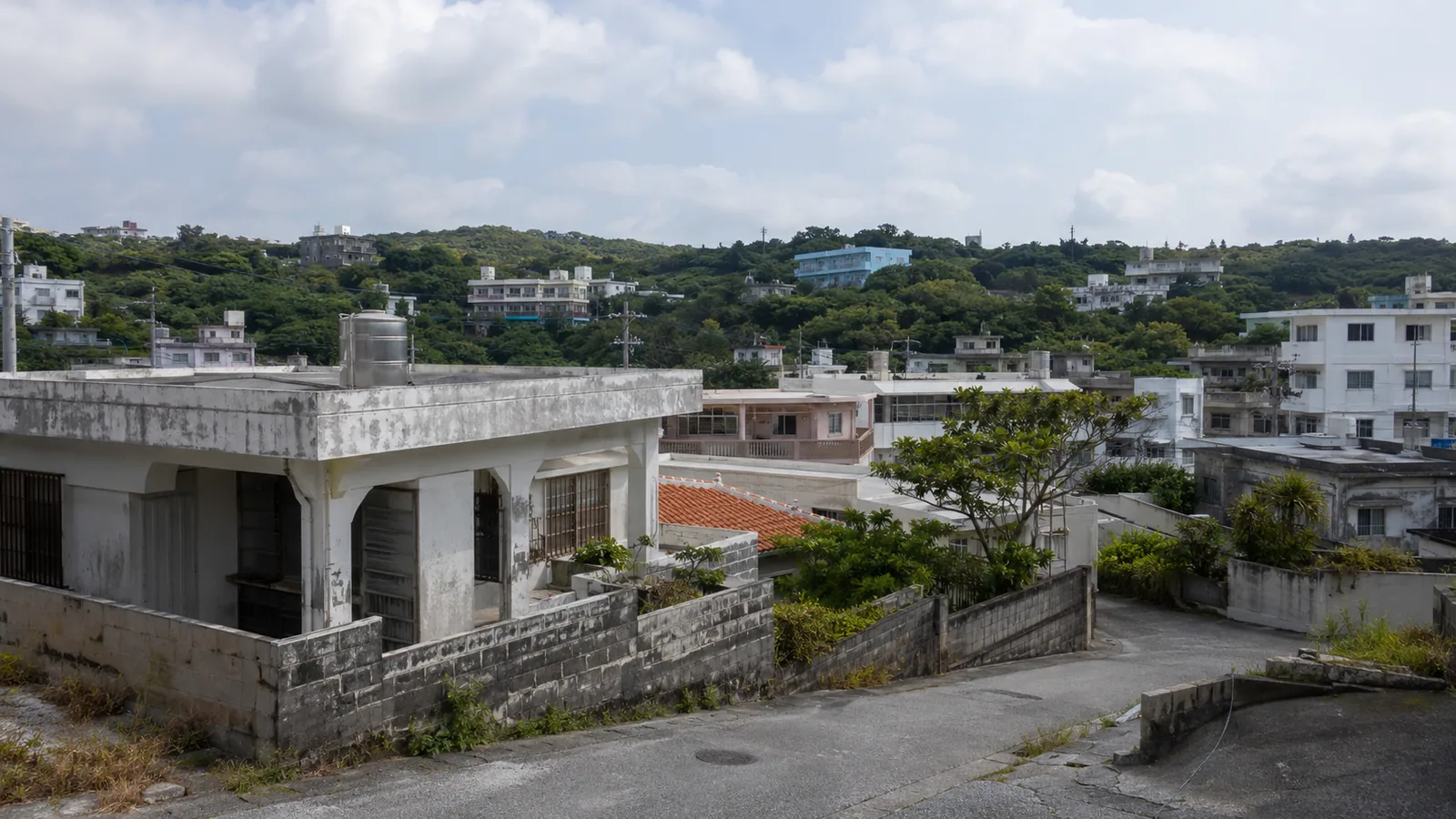 沖縄市の住宅地と緑を望む実景