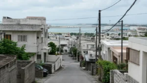 与那原町のRC住宅地と海を望む沖縄の実景