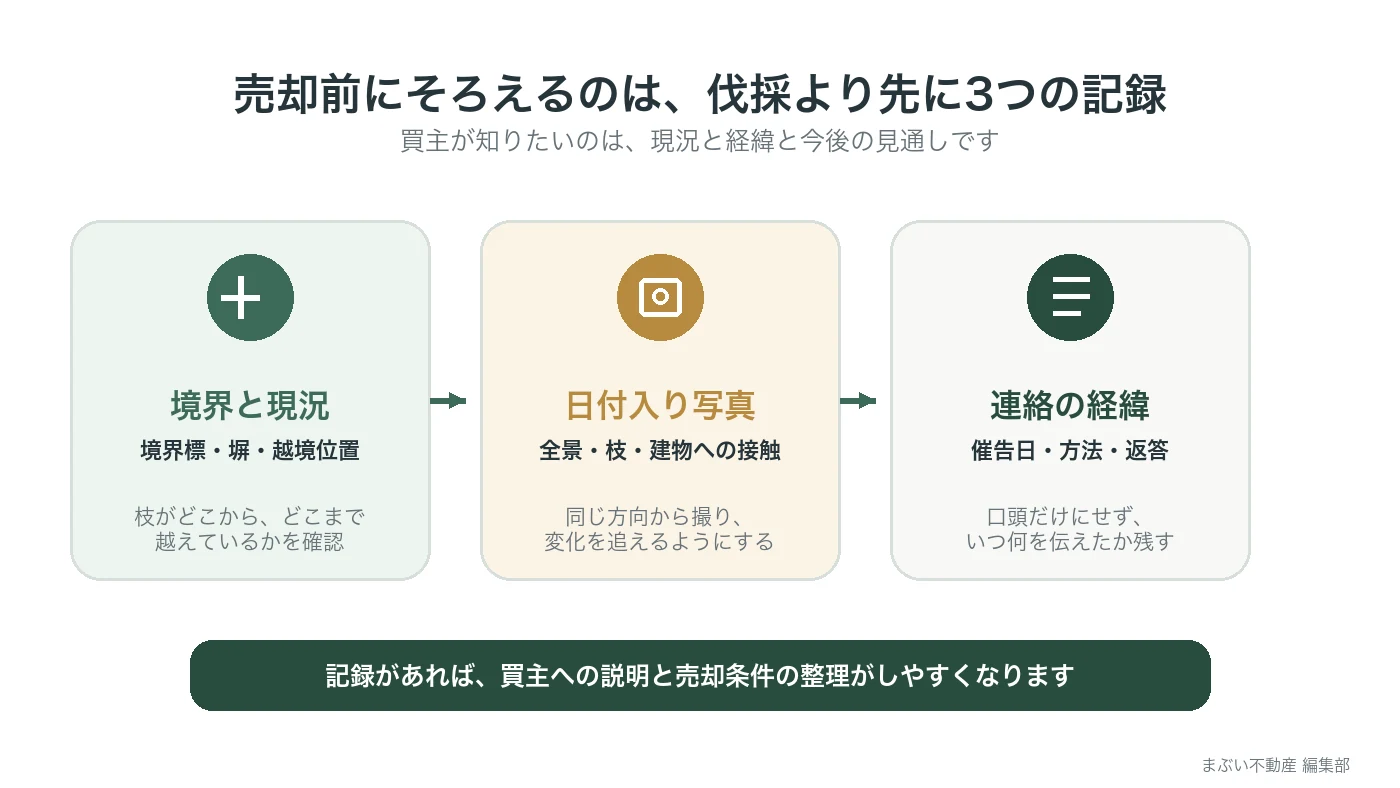 越境枝のある不動産を売却する前に残す境界と現況・写真・連絡経緯の3つの記録