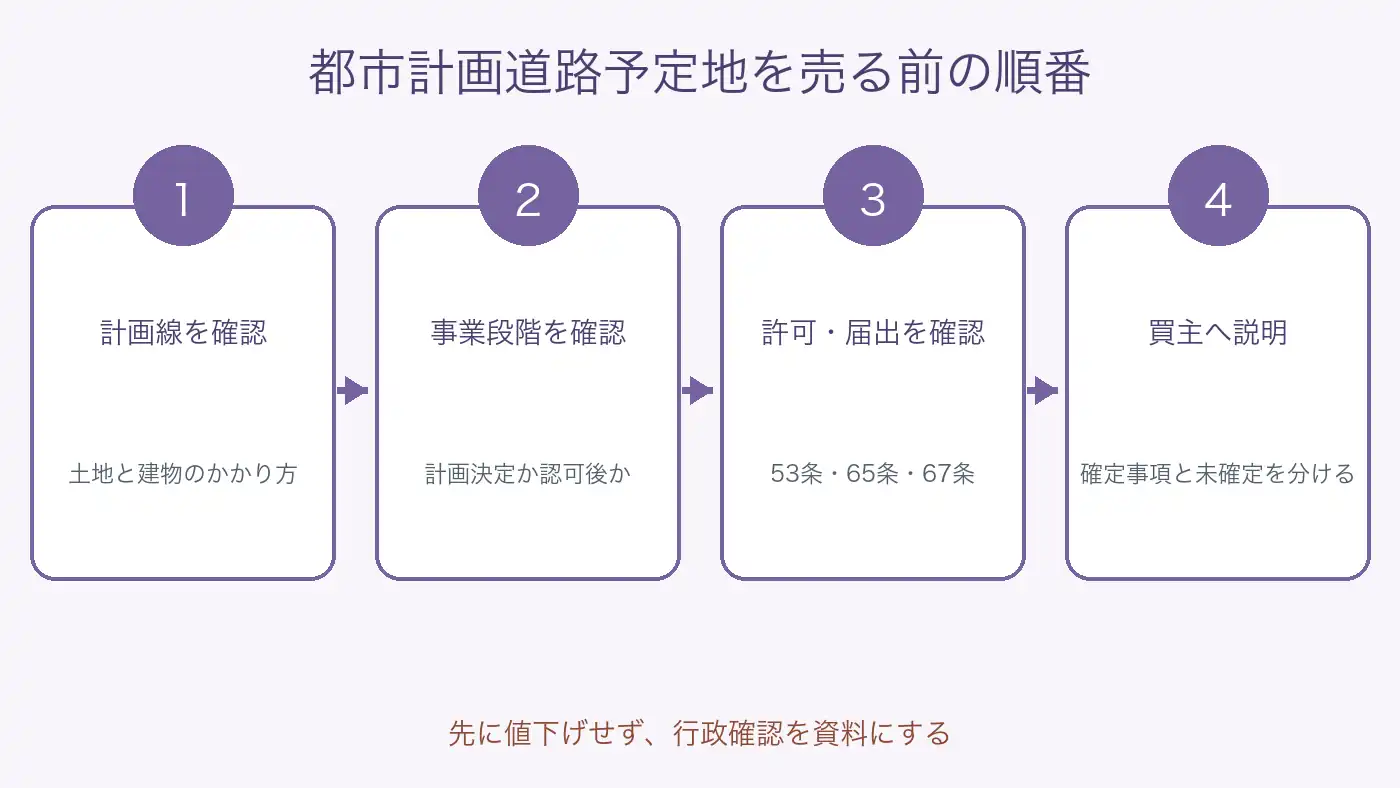 都市計画道路予定地にかかる家の売却で計画線、事業段階、制限、買主説明を確認する流れ