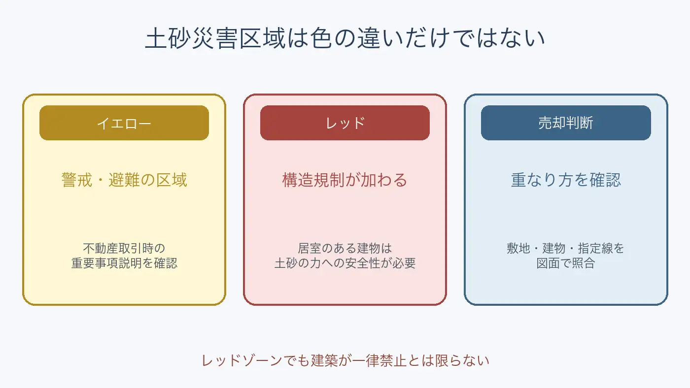 土砂災害イエローゾーンとレッドゾーンの違いと売却時の確認点を示す図