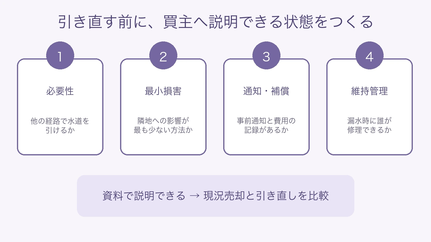 隣地配管の現況売却と引き直しを比較する判断フロー