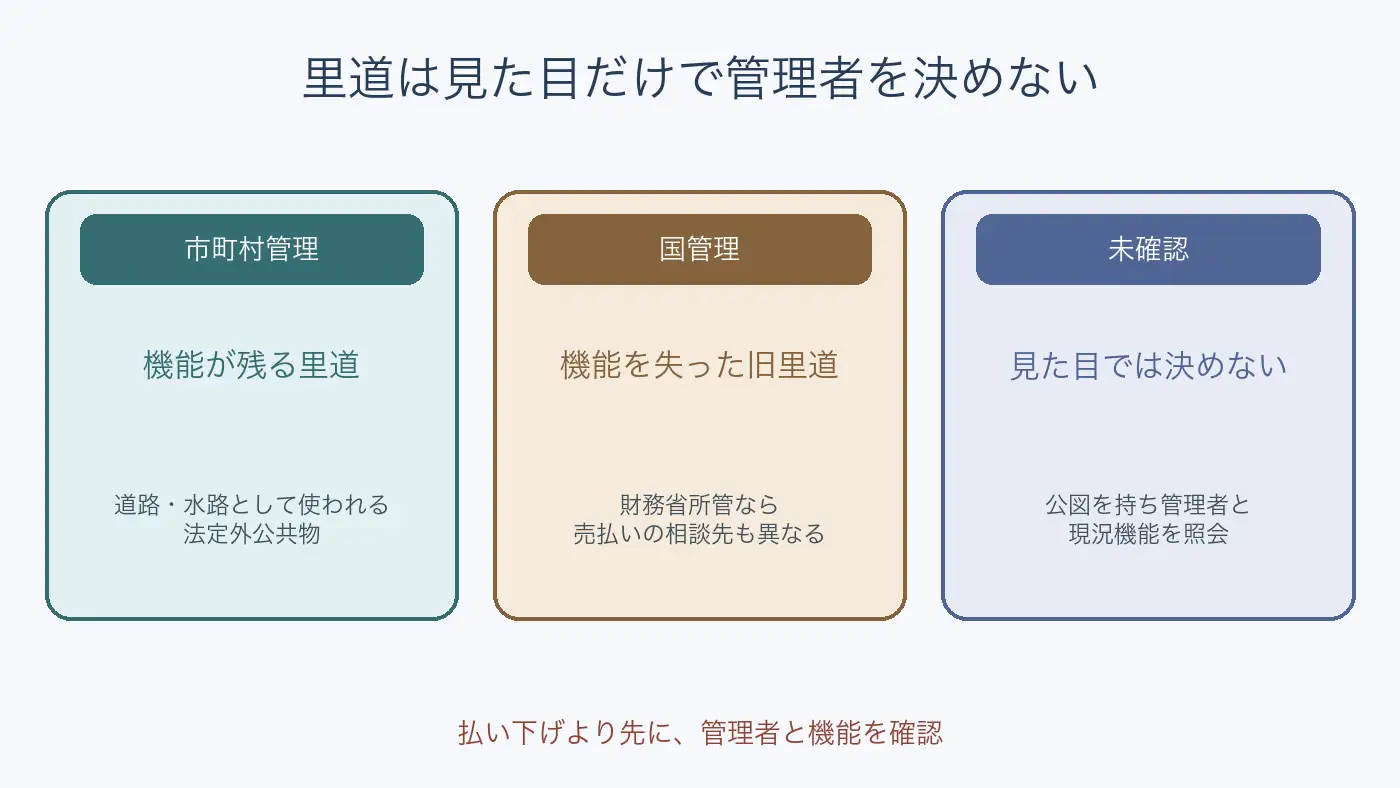 沖縄の里道について市町村管理、国管理、管理者不明の三つに分けて確認する図