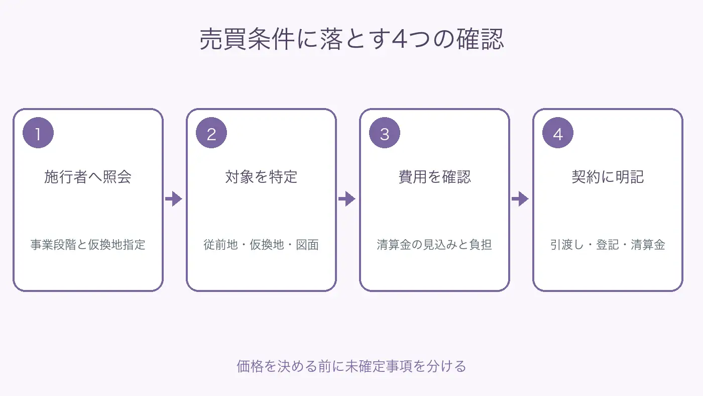 仮換地を売る前に施行者照会、従前地と仮換地の照合、清算金、契約条件を確認する順番