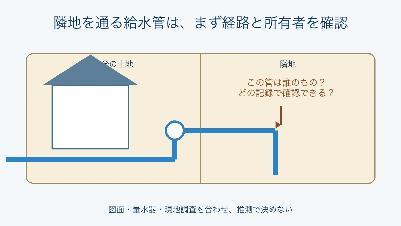 隣地を通る給水管で確認する配管経路と管の所有者の図